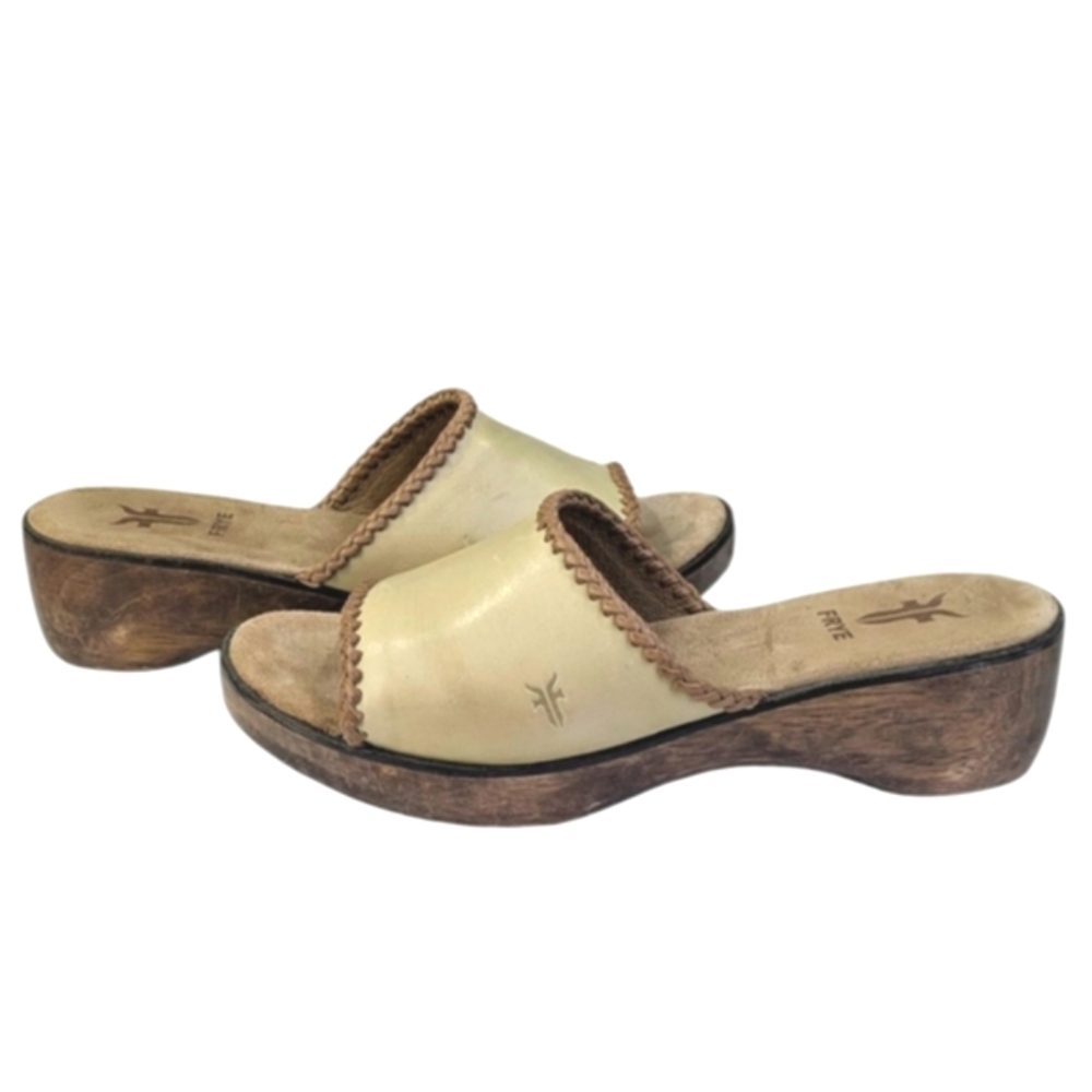 Frye Clog Sandals Women 9.5 Wooden and Leather Tan Brown Embroidered Detailing - Picture 7 of 12